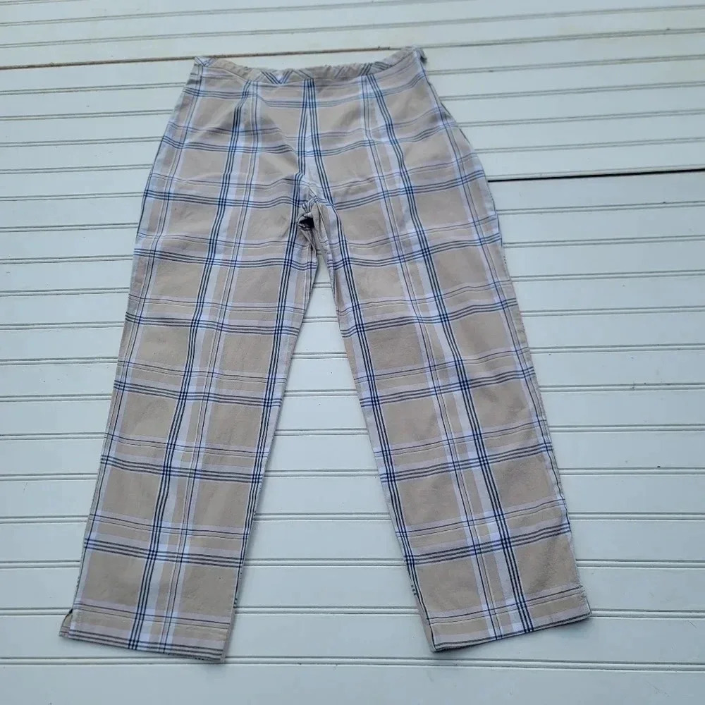 Gemilli Women's Cropped Slacks Beige White Plaid Pants Stretch Size Zip USA Sz 6